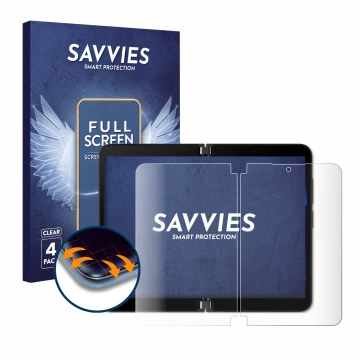 Front side of a product packaging with the brand logo Savvies. Next to it is the device Microsoft Surface Duo 2 (Inner display
