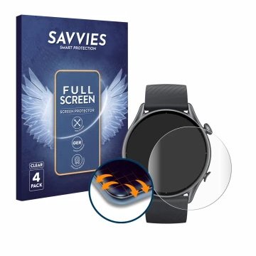 Front side of a product packaging with the brand logo Savvies. Next to it is the device Huami Amazfit GTR 3 shown with the cor