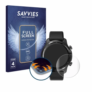 Front side of a product packaging with the brand logo Savvies. Next to it is the device Mobvoi Ticwatch Pro 3 Ultra GPS shown 