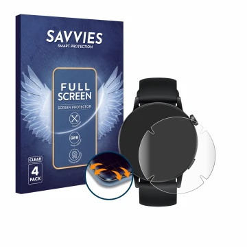 Front side of a product packaging with the brand logo Savvies. Next to it is the device Huawei Watch GT 3 (42 mm) shown with t