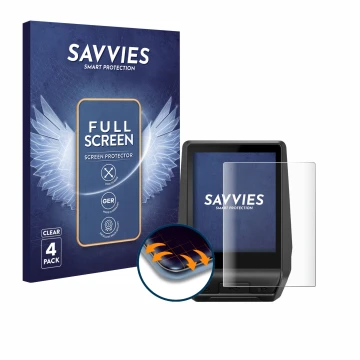 Front side of a product packaging with the brand logo Savvies. Next to it is the device Bosch Nyon 2 2021 shown with the corre