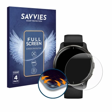 Front side of a product packaging with the brand logo Savvies. Next to it is the device Garmin Venu 2 Plus shown with the corr