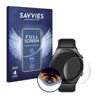Front side of a product packaging with the brand logo Savvies. Next to it is the device Xiaomi Watch S1 shown with the corresp