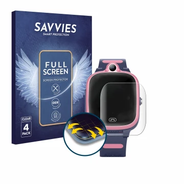 Front side of a product packaging with the brand logo Savvies. Next to it is the device Fitonme 4G Smartwatch S.B-1034 shown w