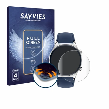 Front side of a product packaging with the brand logo Savvies. Next to it is the device Honor Watch GS 3 shown with the corres