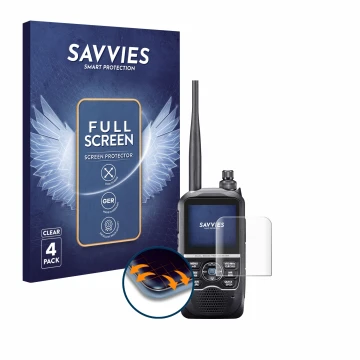 Front side of a product packaging with the brand logo Savvies. Next to it is the device Icom ID-52E shown with the correspondi