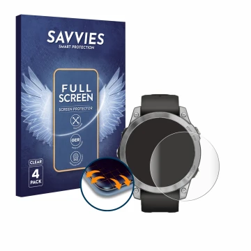 Front side of a product packaging with the brand logo Savvies. Next to it is the device Garmin Fenix 7 (47 mm) shown with the 