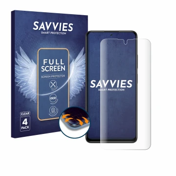 Front side of a product packaging with the brand logo Savvies. Next to it is the device Xiaomi Redmi Note 11 Pro 5G shown with