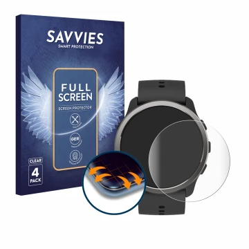 Front side of a product packaging with the brand logo Savvies. Next to it is the device Suunto 5 Peak shown with the correspon
