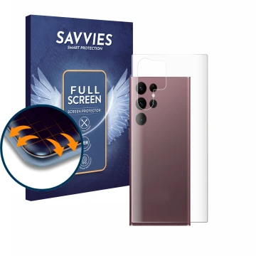 Front side of a product packaging with the brand logo Savvies. Next to it is the device Samsung Galaxy S22 Ultra 5G (Back) sho