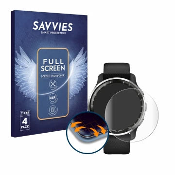 Front side of a product packaging with the brand logo Savvies. Next to it is the device Garmin D2 Air X10 shown with the corre