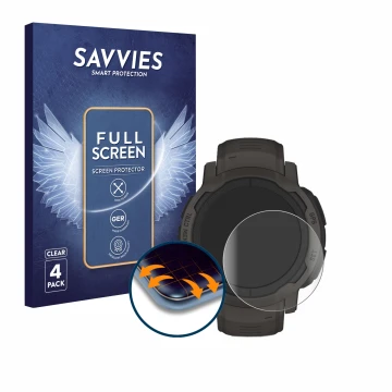 Front side of a product packaging with the brand logo Savvies. Next to it is the device Garmin Instinct 2 shown with the corre