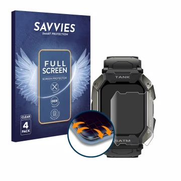 Front side of a product packaging with the brand logo Savvies. Next to it is the device Kospet Tank M1 shown with the correspo