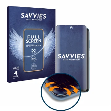 Front side of a product packaging with the brand logo Savvies. Next to it is the device Xiaomi Redmi 10 (2022) shown with the 