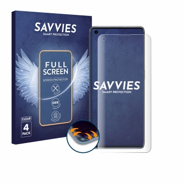 Front side of a product packaging with the brand logo Savvies. Next to it is the device Oppo Find X5 shown with the correspond