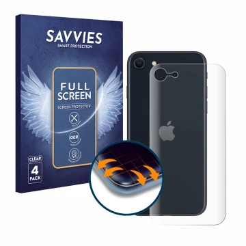 Front side of a product packaging with the brand logo Savvies. Next to it is the device Apple iPhone SE 3 2022 (Back) shown wi