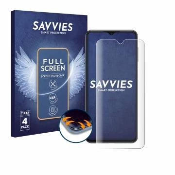 Front side of a product packaging with the brand logo Savvies. Next to it is the device Samsung Galaxy A23 shown with the corr