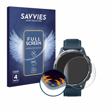 Front side of a product packaging with the brand logo Savvies. Next to it is the device Xiaomi Watch S1 Active shown with the 