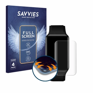 Front side of a product packaging with the brand logo Savvies. Next to it is the device Oppo Watch Free shown with the corresp