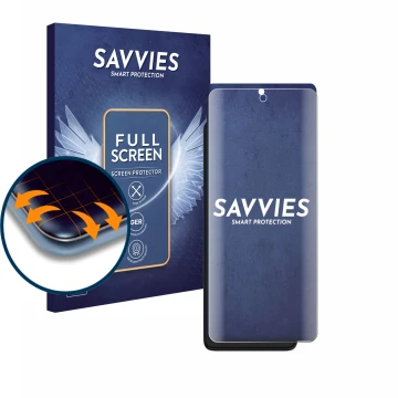 Front side of a product packaging with the brand logo Savvies. Next to it is the device Motorola Edge 30 shown with the corres