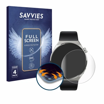 Front side of a product packaging with the brand logo Savvies. Next to it is the device Huawei Watch GT 3 Pro Titanium (46mm) 