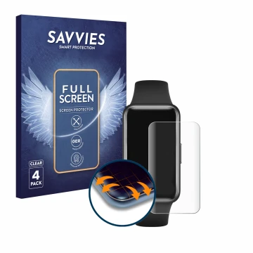 Front side of a product packaging with the brand logo Savvies. Next to it is the device Huawei Band 7 shown with the correspon