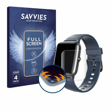 Front side of a product packaging with the brand logo Savvies. Next to it is the device Hama Fit Watch 4900 shown with the cor