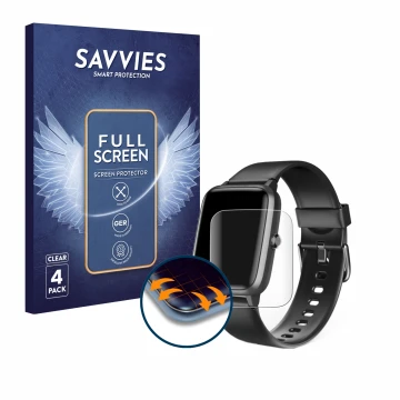 Front side of a product packaging with the brand logo Savvies. Next to it is the device Hama Fit Watch 5910 shown with the cor