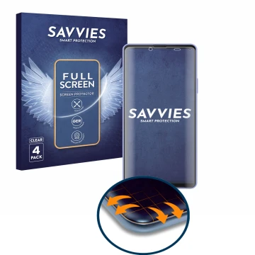 Front side of a product packaging with the brand logo Savvies. Next to it is the device Sony Xperia 10 IV shown with the corre