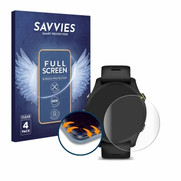 Front side of a product packaging with the brand logo Savvies. Next to it is the device Garmin Forerunner 255 Music shown with