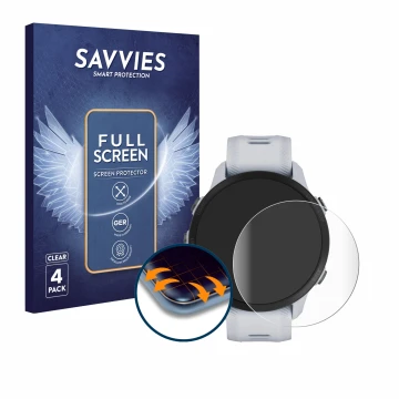 Front side of a product packaging with the brand logo Savvies. Next to it is the device Garmin Forerunner 955 shown with the c