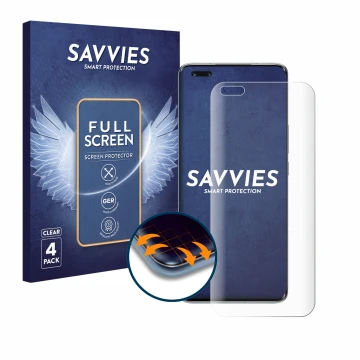 Front side of a product packaging with the brand logo Savvies. Next to it is the device Honor Magic 4 Pro shown with the corre