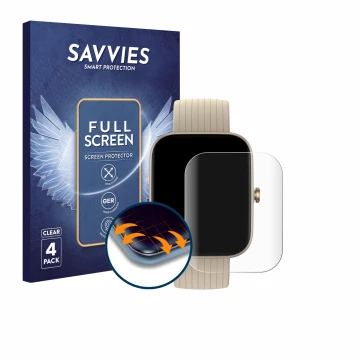 Front side of a product packaging with the brand logo Savvies. Next to it is the device Huami Amazfit Bip 3 Pro shown with the