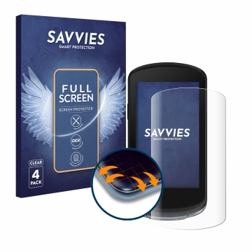 Front side of a product packaging with the brand logo Savvies. Next to it is the device Garmin Edge 1040 shown with the corres