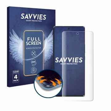 Front side of a product packaging with the brand logo Savvies. Next to it is the device Honor 70 shown with the corresponding 