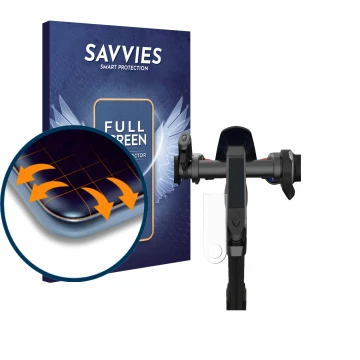 Front side of a product packaging with the brand logo Savvies. Next to it is the device NIU KQi3 Pro shown with the correspond