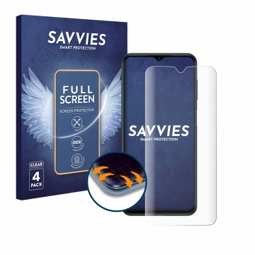 Front side of a product packaging with the brand logo Savvies. Next to it is the device Samsung Galaxy M13 shown with the corr