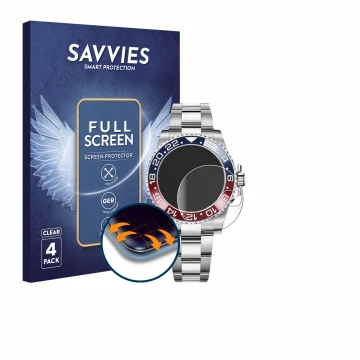 Front side of a product packaging with the brand logo Savvies. Next to it is the device Rolex GMT-Master II shown with the cor