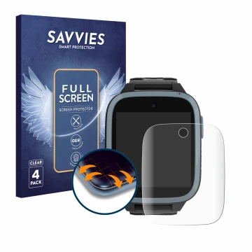 Front side of a product packaging with the brand logo Savvies. Next to it is the device Xplora XGO3 (1st Gen.) shown with the 