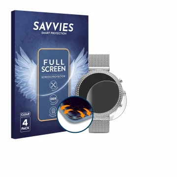 Front side of a product packaging with the brand logo Savvies. Next to it is the device Fossil Stella (6. Gen) shown with the 