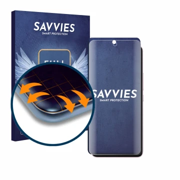 Front side of a product packaging with the brand logo Savvies. Next to it is the device Xiaomi 12 Lite shown with the correspo