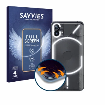 Front side of a product packaging with the brand logo Savvies. Next to it is the device Nothing Phone (1) (Back) shown with th