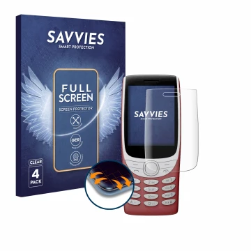 Front side of a product packaging with the brand logo Savvies. Next to it is the device Nokia 8210 4G shown with the correspon