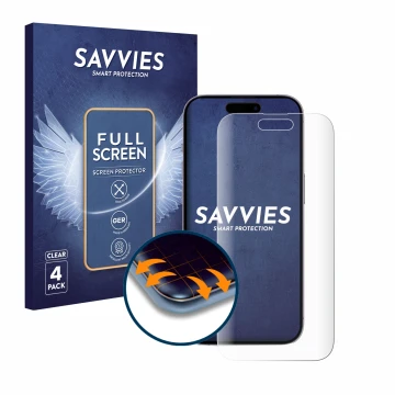 Front side of a product packaging with the brand logo Savvies. Next to it is the device Apple iPhone 14 Pro shown with the cor