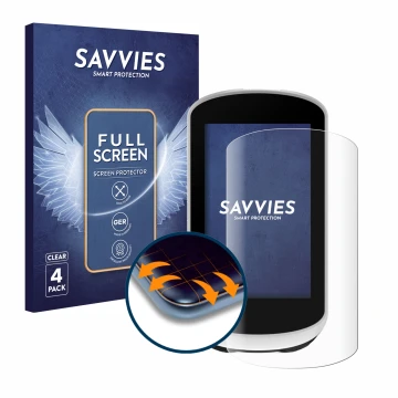 Front side of a product packaging with the brand logo Savvies. Next to it is the device Garmin Edge Explore 2 shown with the c