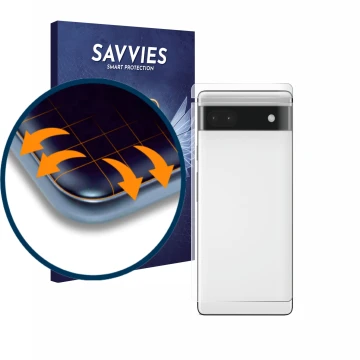 Front side of a product packaging with the brand logo Savvies. Next to it is the device Google Pixel 6a (Back) shown with the 