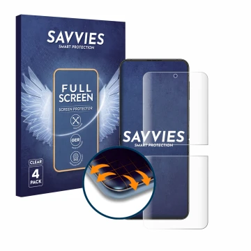 Front side of a product packaging with the brand logo Savvies. Next to it is the device Samsung Galaxy Z Flip 4 shown with the