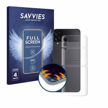 Front side of a product packaging with the brand logo Savvies. Next to it is the device Samsung Galaxy Z Flip 4 (Back) shown w