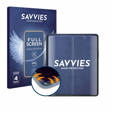 Front side of a product packaging with the brand logo Savvies. Next to it is the device Samsung Galaxy Z Fold 4 (Inner display