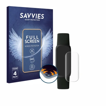 Front side of a product packaging with the brand logo Savvies. Next to it is the device Fitbit Inspire 3 shown with the corres